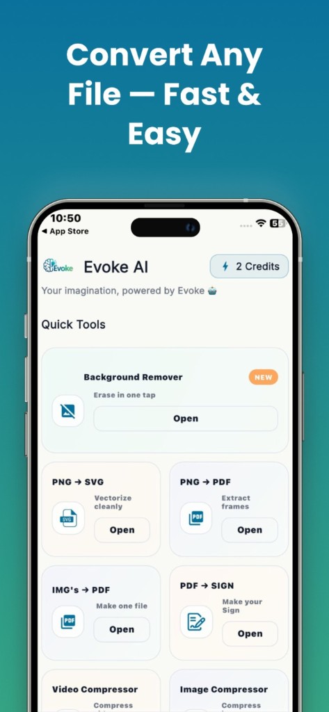 Evoke app on a phone — convert and compress files