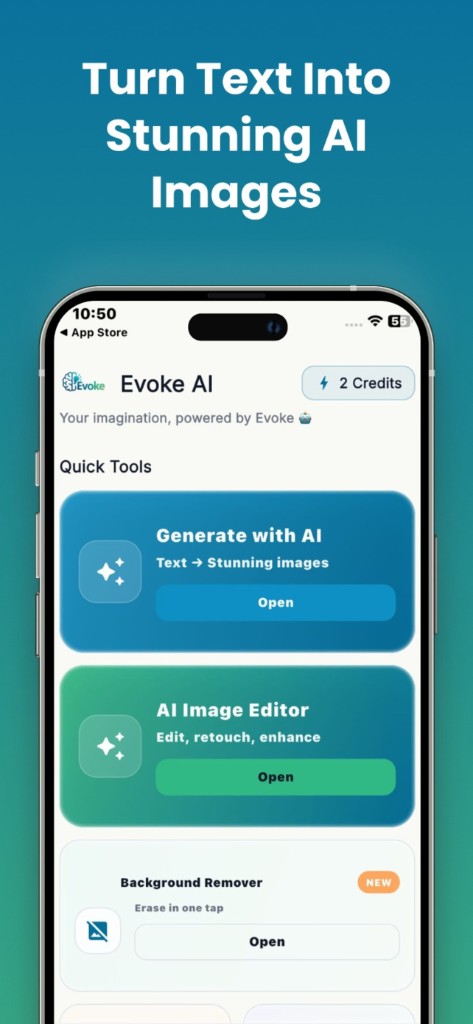 Evoke app on a phone — AI photo generator